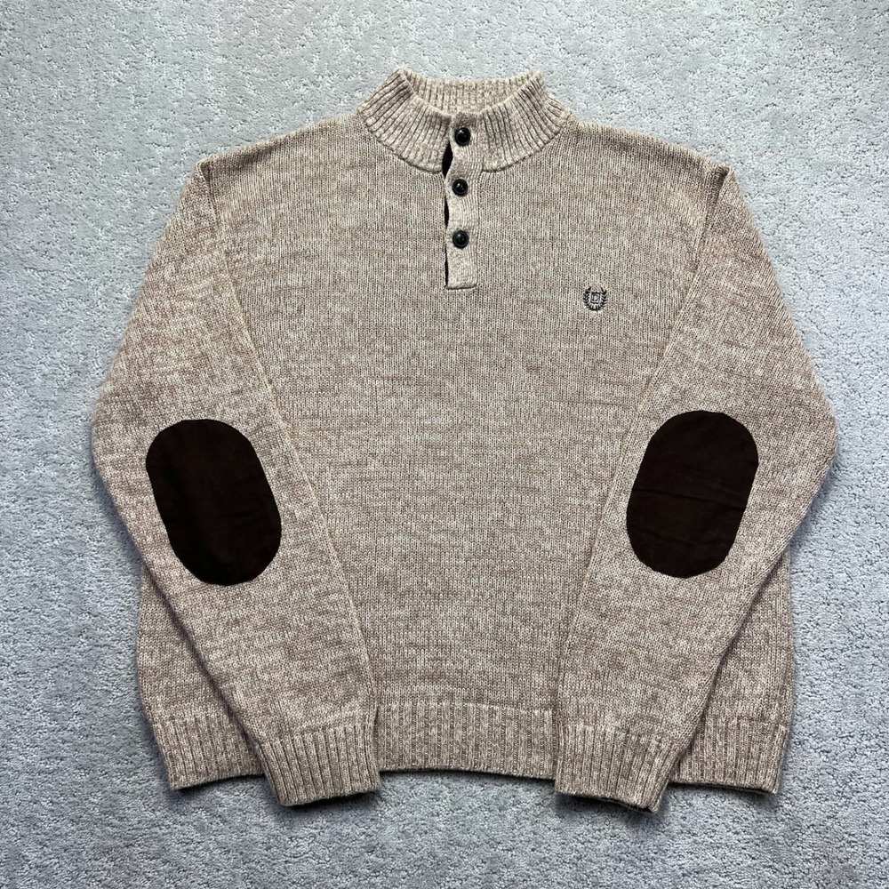 Chaps Sweater Mens XXL Tan Cotton‎ Knit Quarter Button Mock Neck Elbow Patches